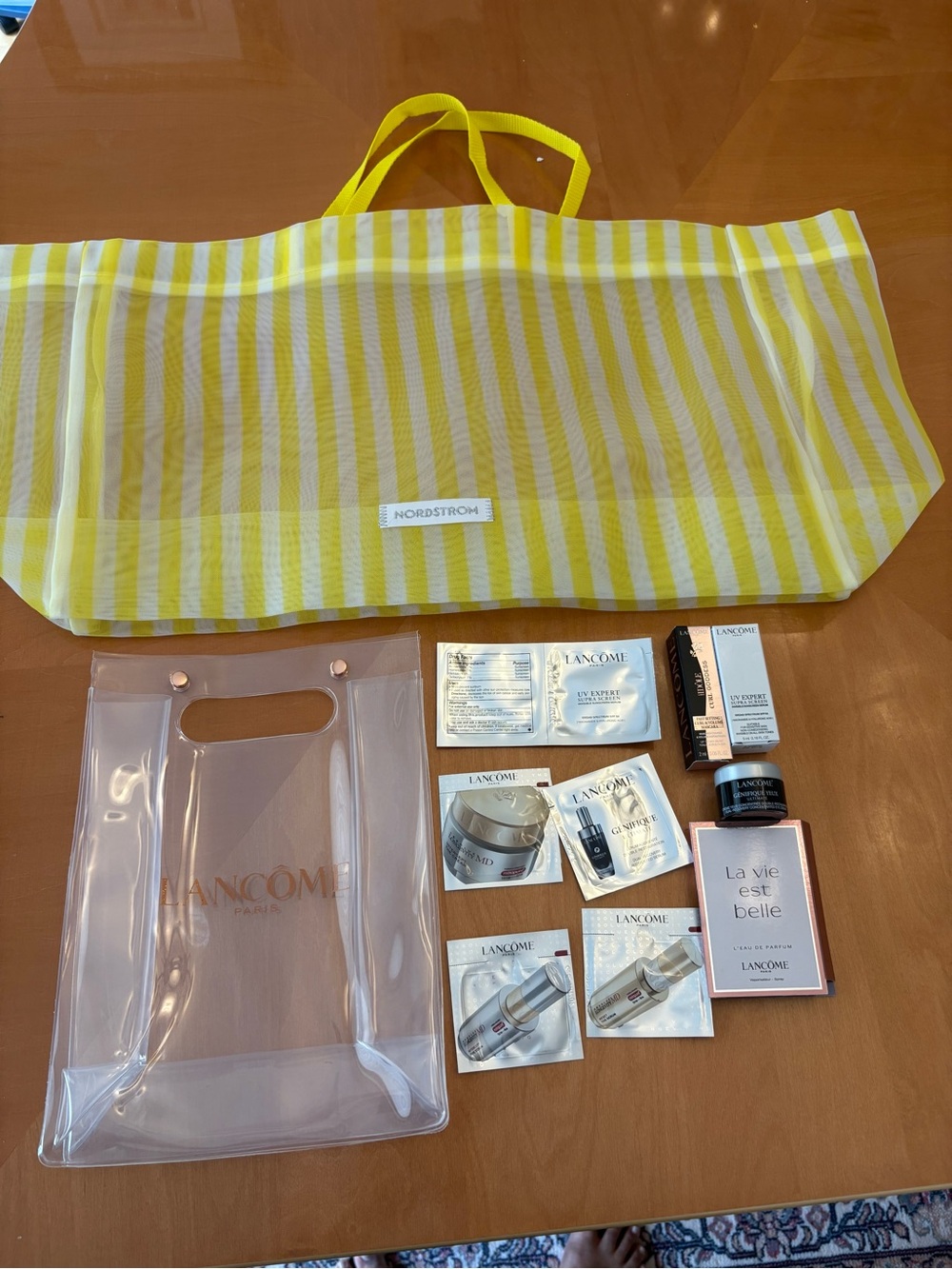 Nordstrom Yellow Stripe Tote with Lancome Clear Pouch & Beauty Samples